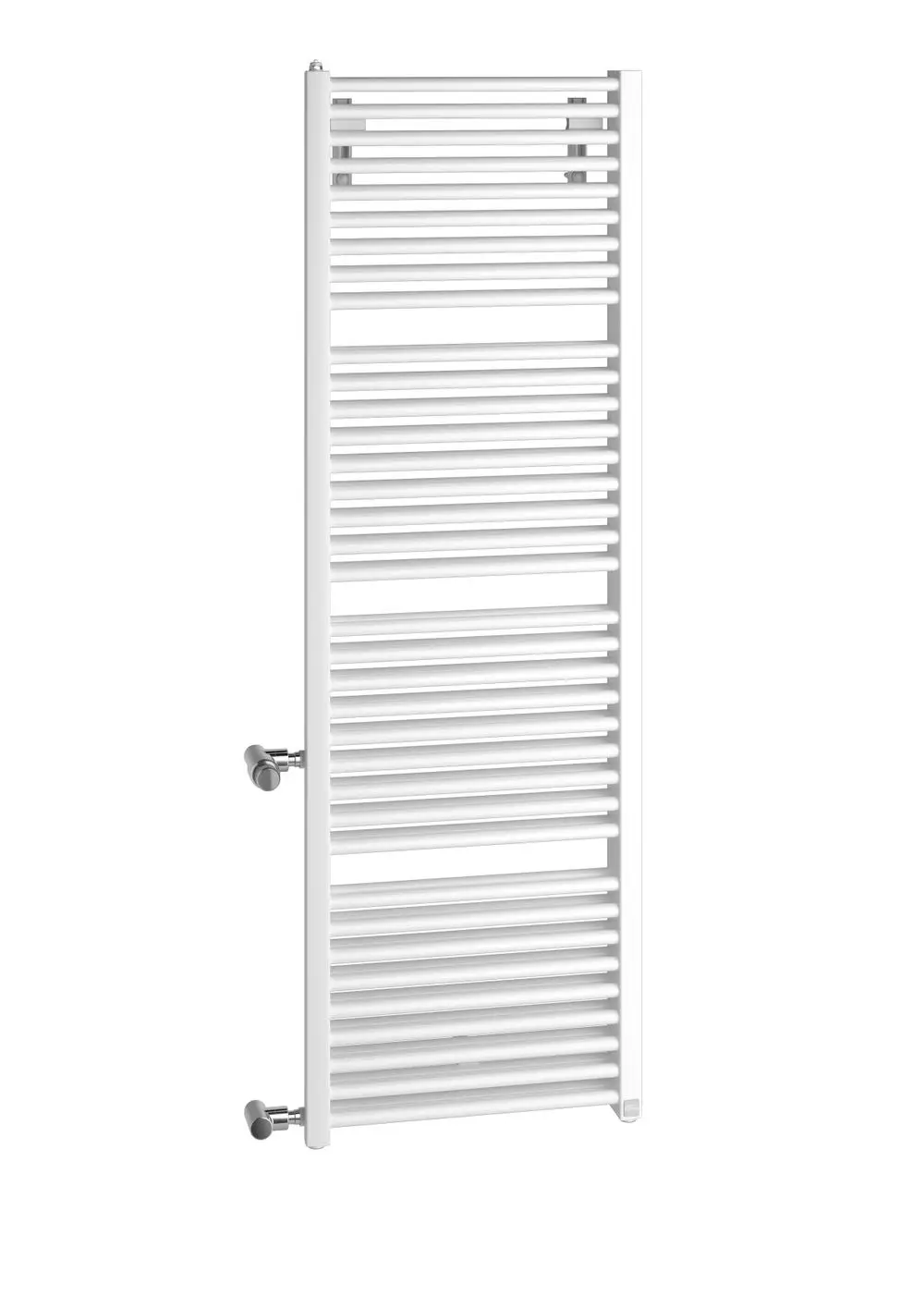 Vertikaler Heizkörper von Kermi in Weiß mit horizontalen Rippen und seitlichen Anschlussventilen, montiert an einer hellen Wand.